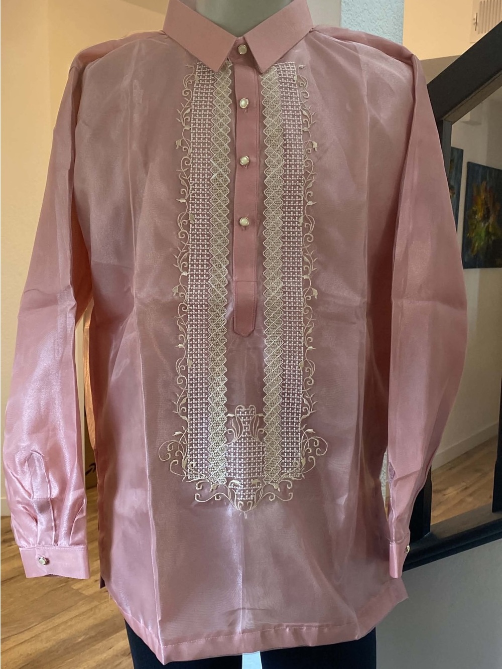 Men's Pink Embroidered Barong Tagalog Button Down Shirt